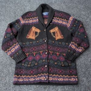 Vtg Ralph Lauren Cardigan Sweater Womens Large Wool Horse Fair Isle Esquestrian